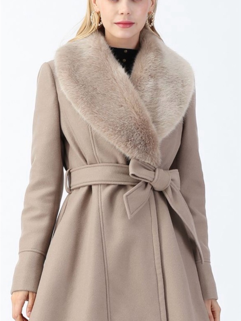 Chicwish Taupe Wrap Trench Coat with Faux Fur Shawl Collar